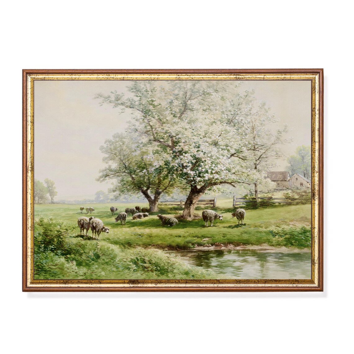 Sheep in Landscape Painting, Rustic Country Decor