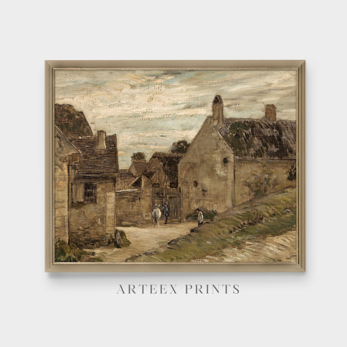 Old Stone Village Street Under Big Skies Vintage Landscape Art Poster - Image 3
