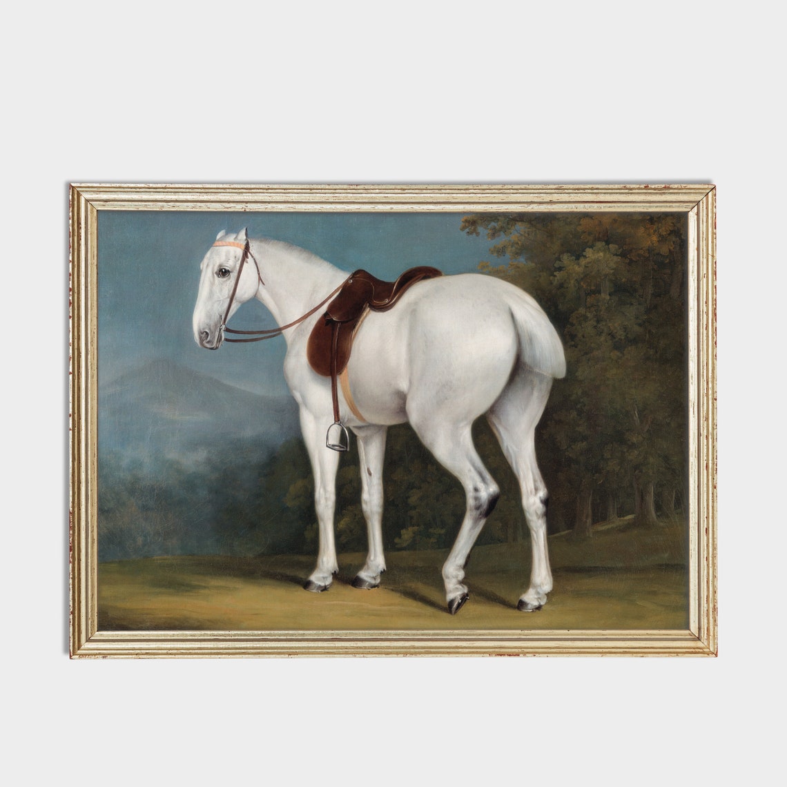 Saddled White Horse Standing in a Park Landscape Equestrian Poster - Image 2