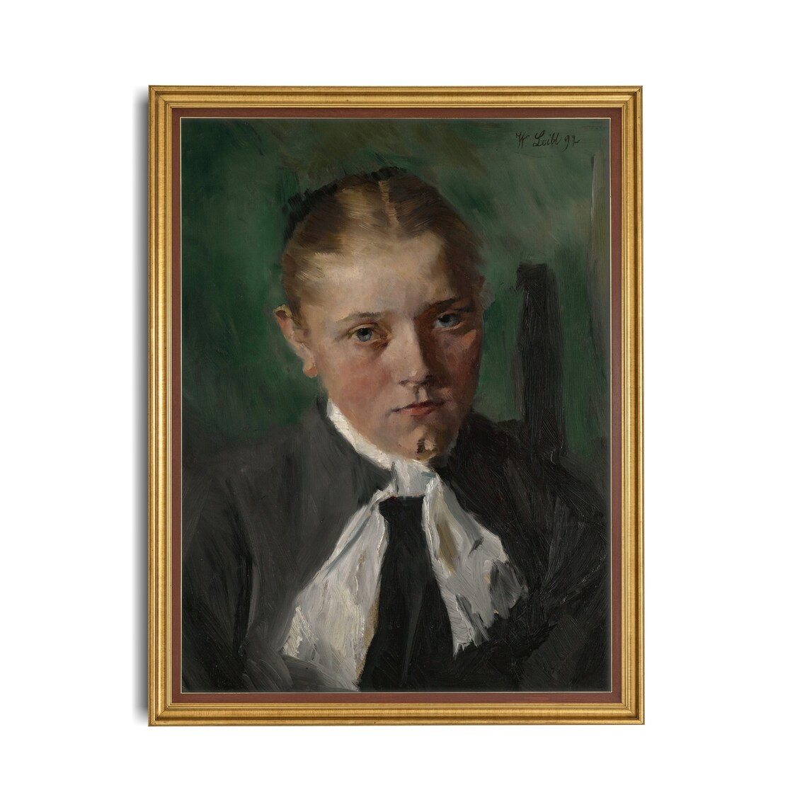 Haunting Portrait of a Young Girl in Dark Dress Signed 1892 Poster - Image 2