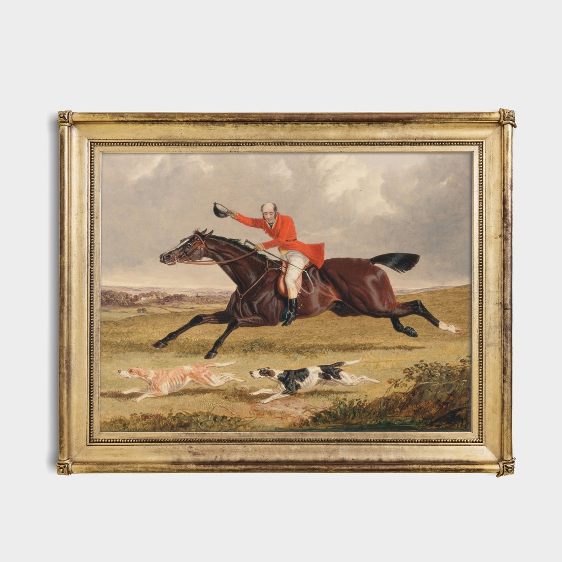 Red-Coated Hunter Galloping on a Dark Horse with Two Hounds Poster - Image 2