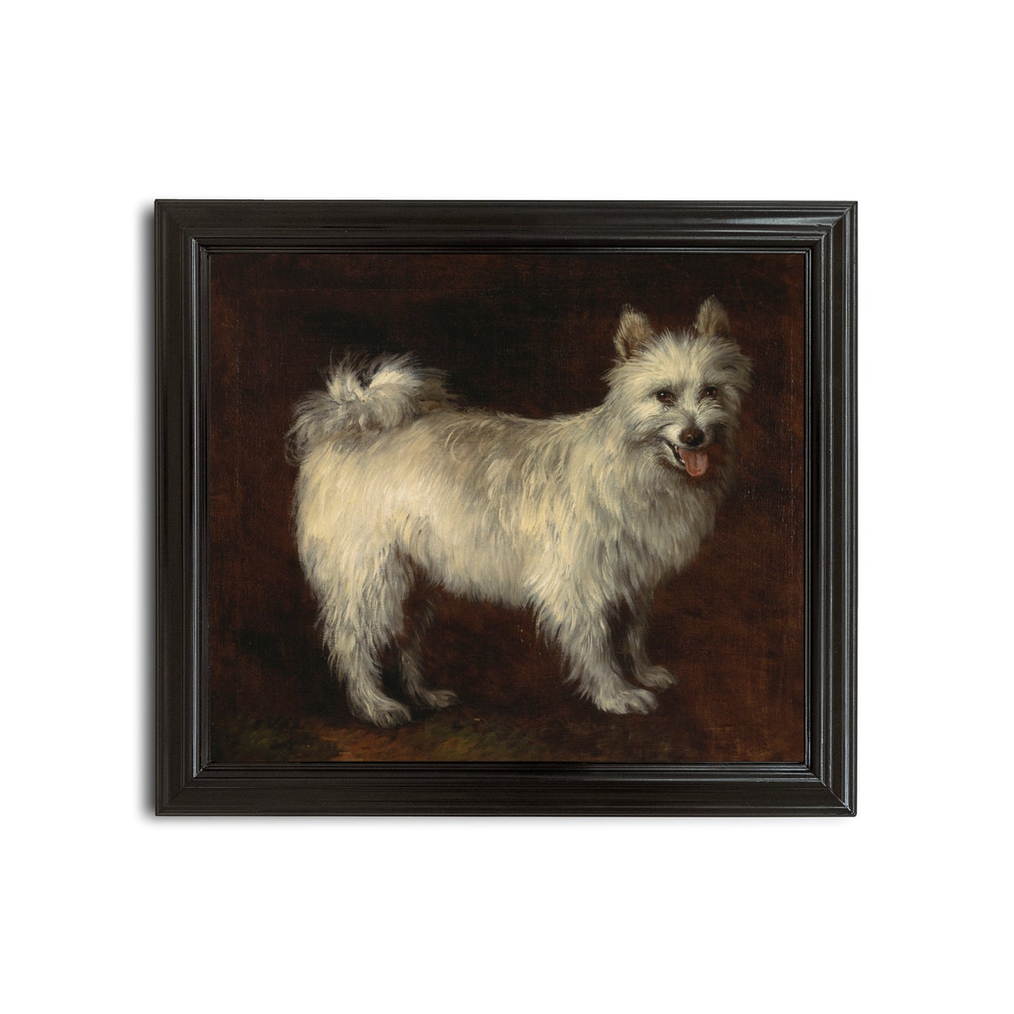 White Fluffy Dog Standing Against Dark Antique Pet Portrait Poster - Image 2
