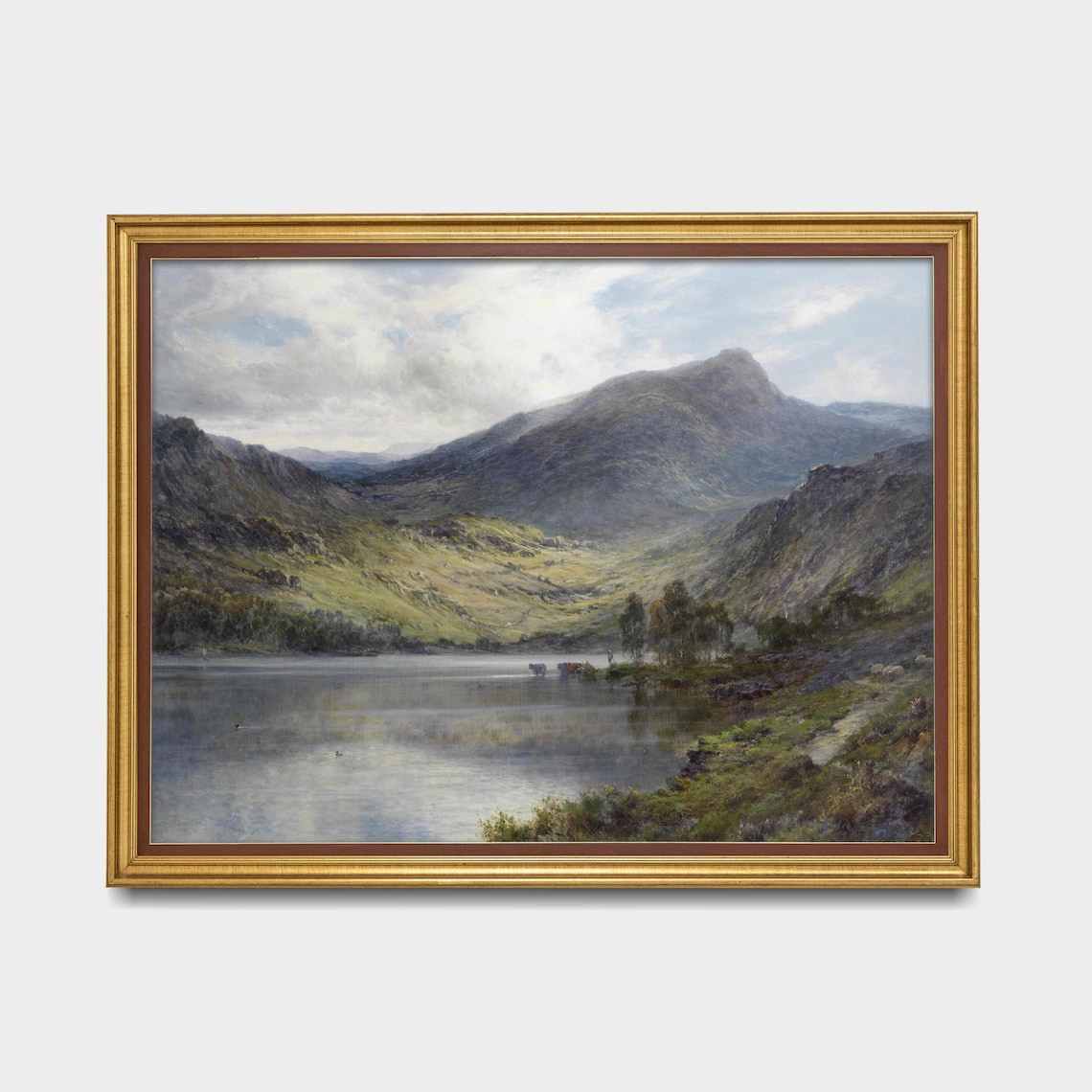 Calm Mountain Lake with Cattle Antique Highland Landscape Poster - Image 3