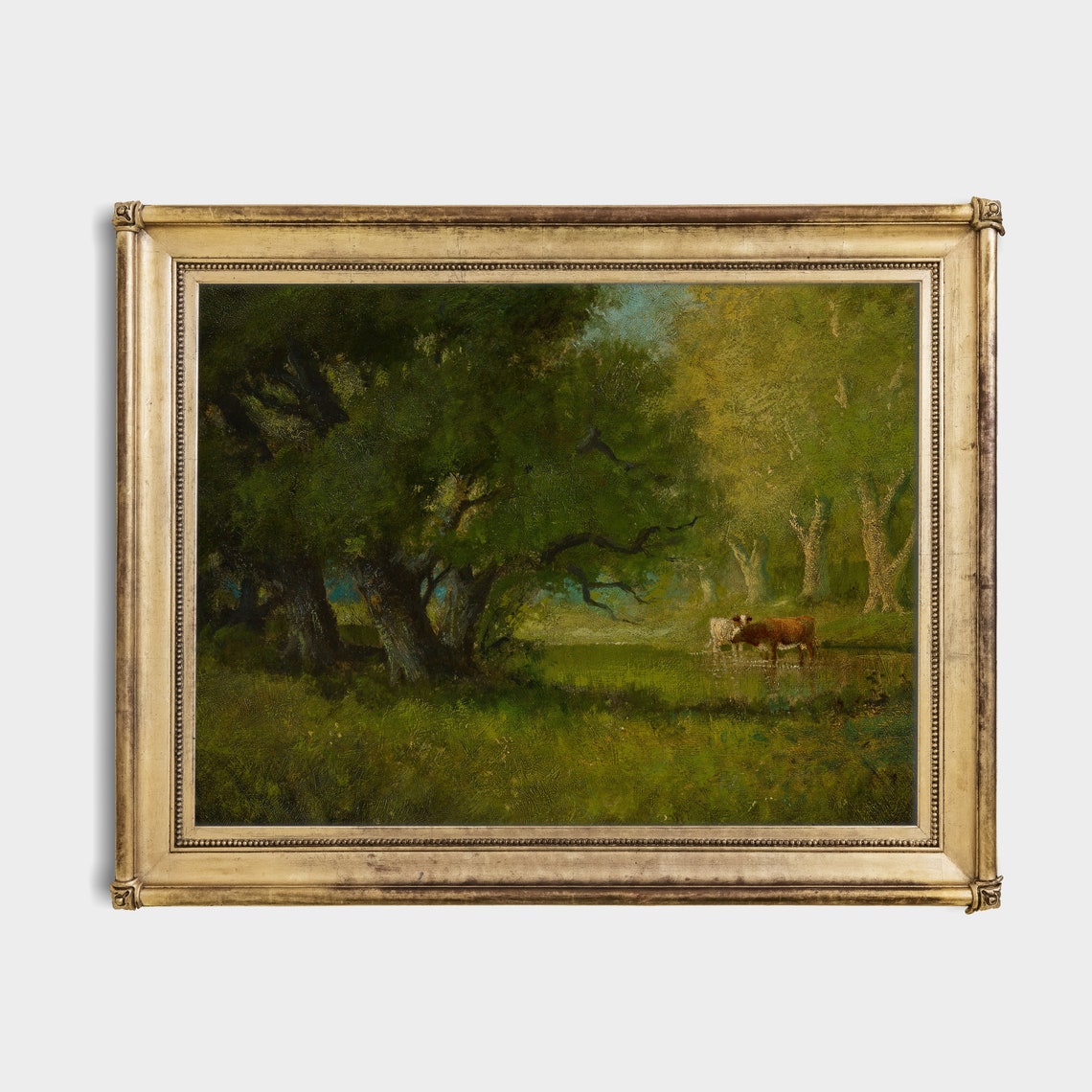 Cows Drinking at a Pond in a Sunlit Green Woodland Meadow Poster - Image 2