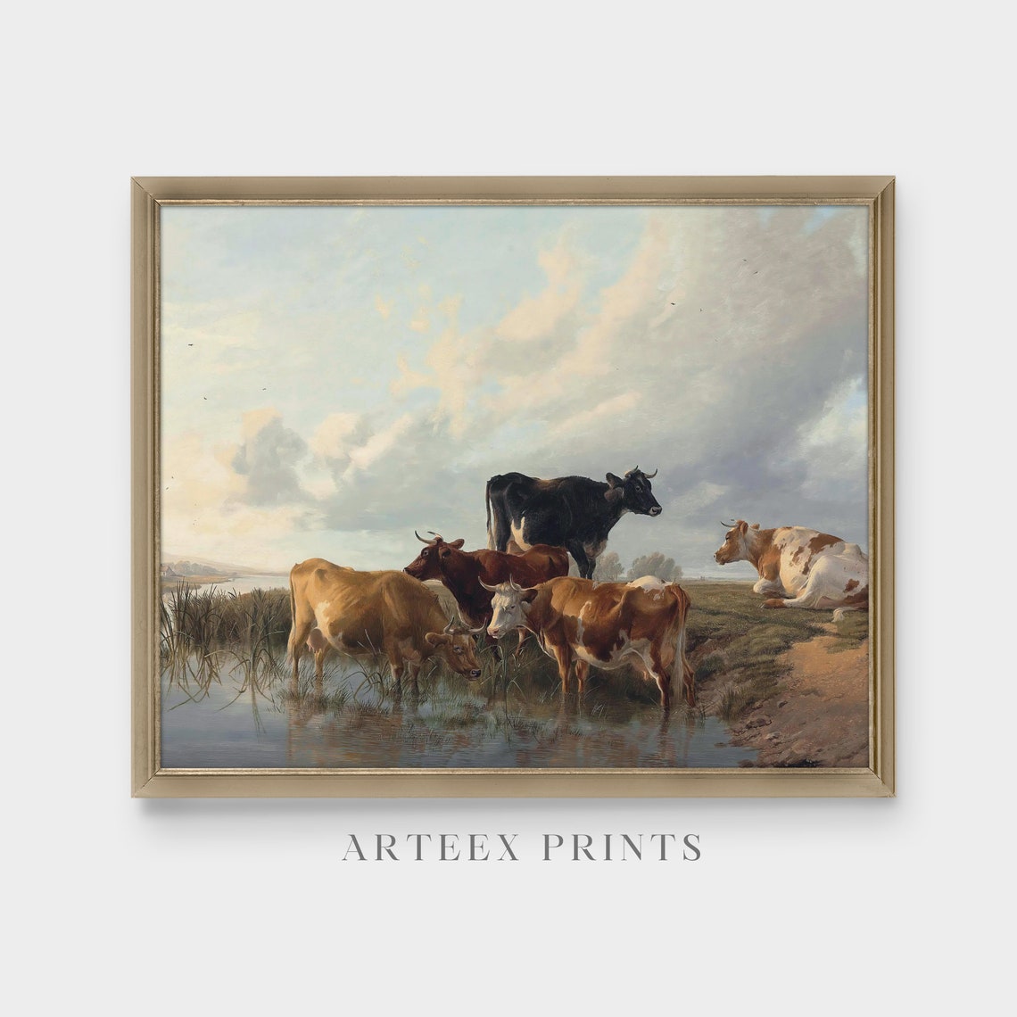 Cows Drinking at the Water Vintage Pastoral Farm Painting Art Poster - Image 3