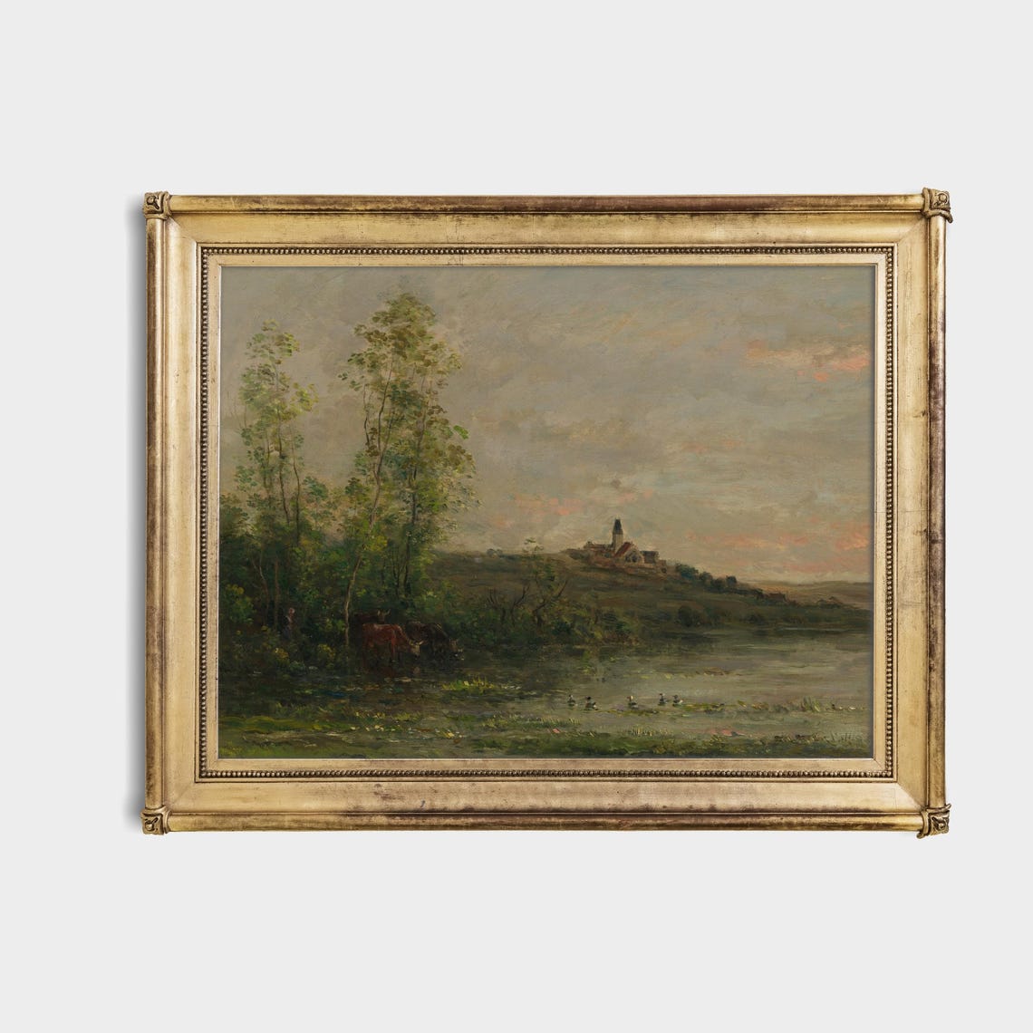 Cows Watering Lake Village Church Hill Barbizon Landscape Art Poster - Image 4