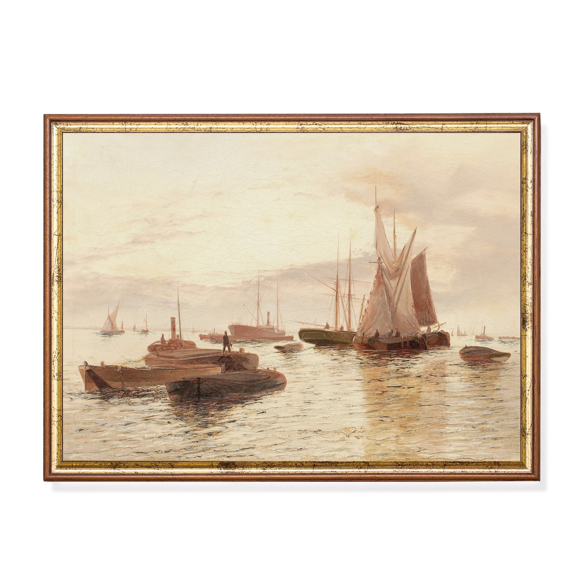Sailboats and Barges Anchored in a Golden Harbor Marine Poster
