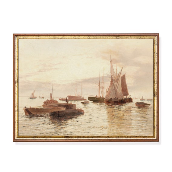 Printed And Shipped Sailboat Oil Painting Vintage Seascape Print Muted Nautical Decor Neutral Coastal Artwork Physical Prints