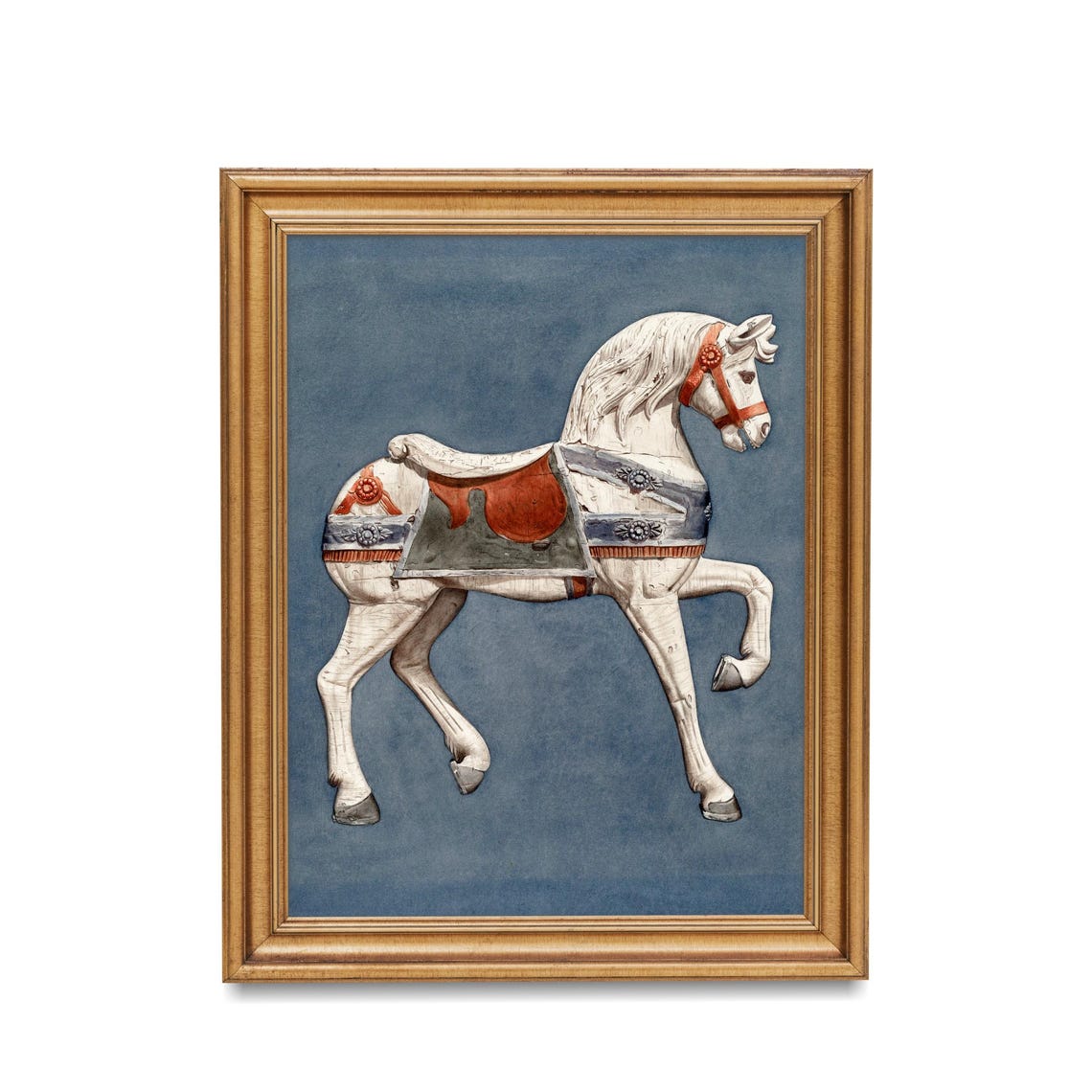 White Carousel Horse Blue Background Vintage Whimsical Poster - Image 2