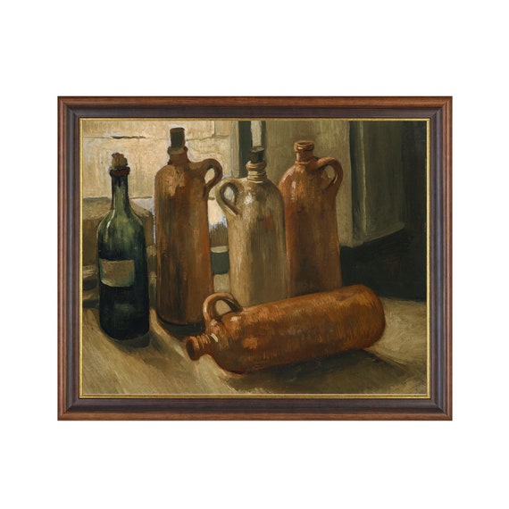 Printed And Shipped Still Life With Five Bottles Vintage Still Life Painting Moody Rustic Print Kitchen Home Decor Physical Prints