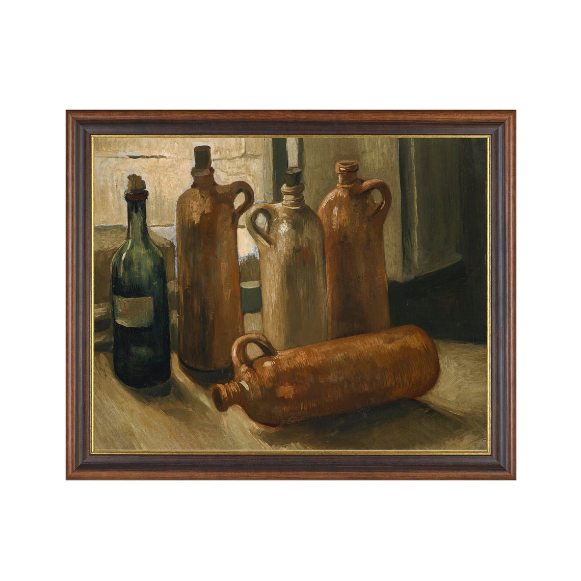 Five Vintage Bottles Still Life Earthy Ceramic Jugs Kitchen Poster