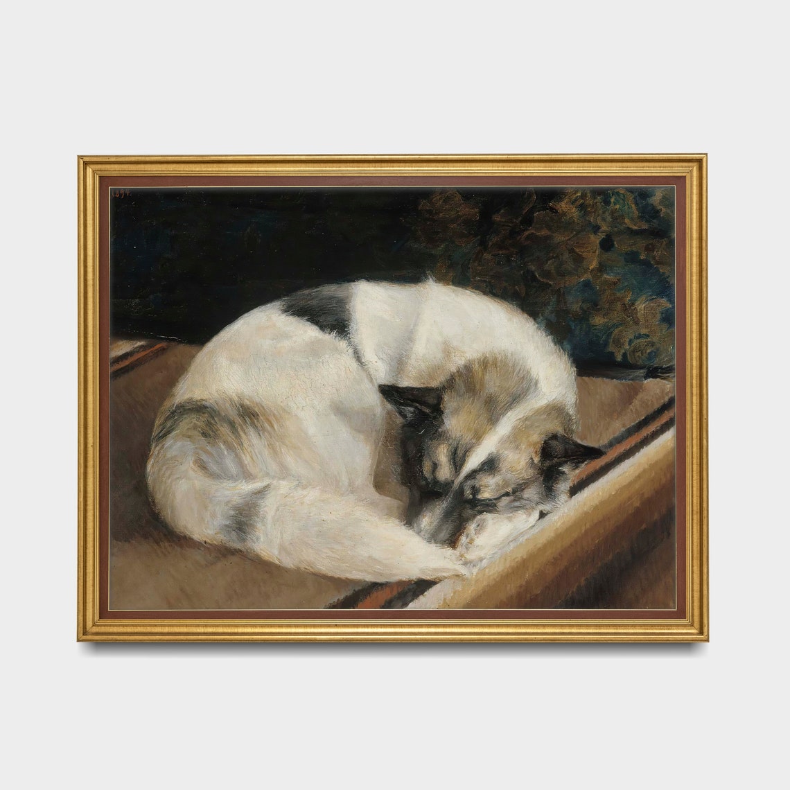 Sleeping White Dog Curled Up Tight on a Chair Oil Study Poster - Image 3