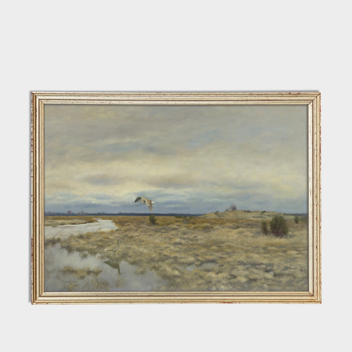 Dusk Wetland Landscape With Flying and Wading Geese Antique Poster - Image 3