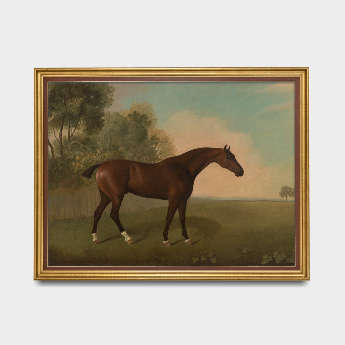 Bay Horse Standing Green Pasture White Socks Trees Vintage Poster - Image 3