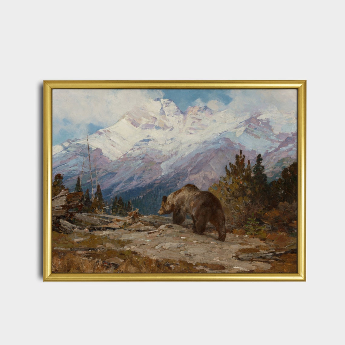 Grizzly Bear Below Snow Capped Alpine Peaks Wildlife Painting Poster - Image 2