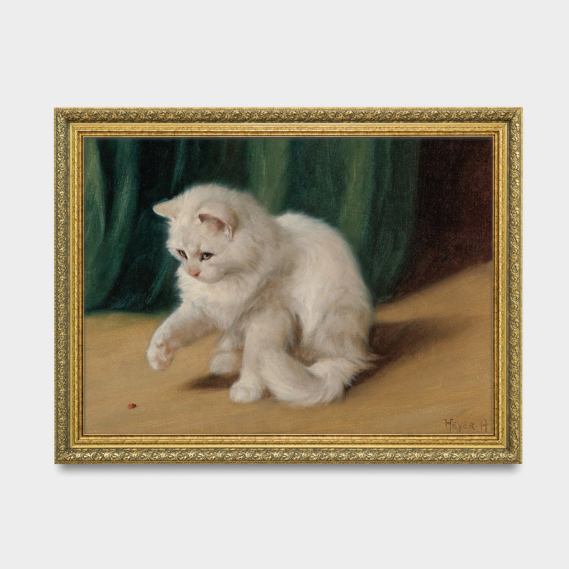 White Fluffy Kitten Playing With a Ladybug Vintage Cat Poster - Image 3
