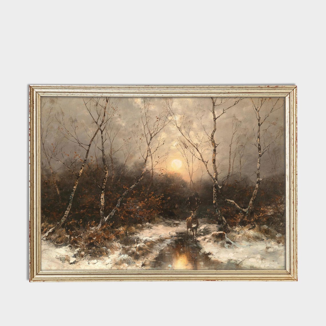 Stag In A Snowy Birch Forest At Moonlight Vintage Art Poster - Image 3