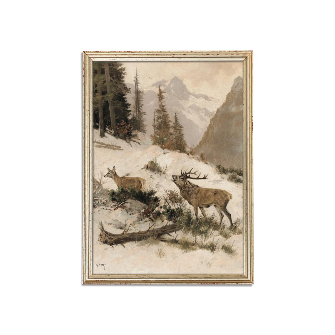 Vintage Deer Winter Landscape Art Print, Cabin Decor - Image 3