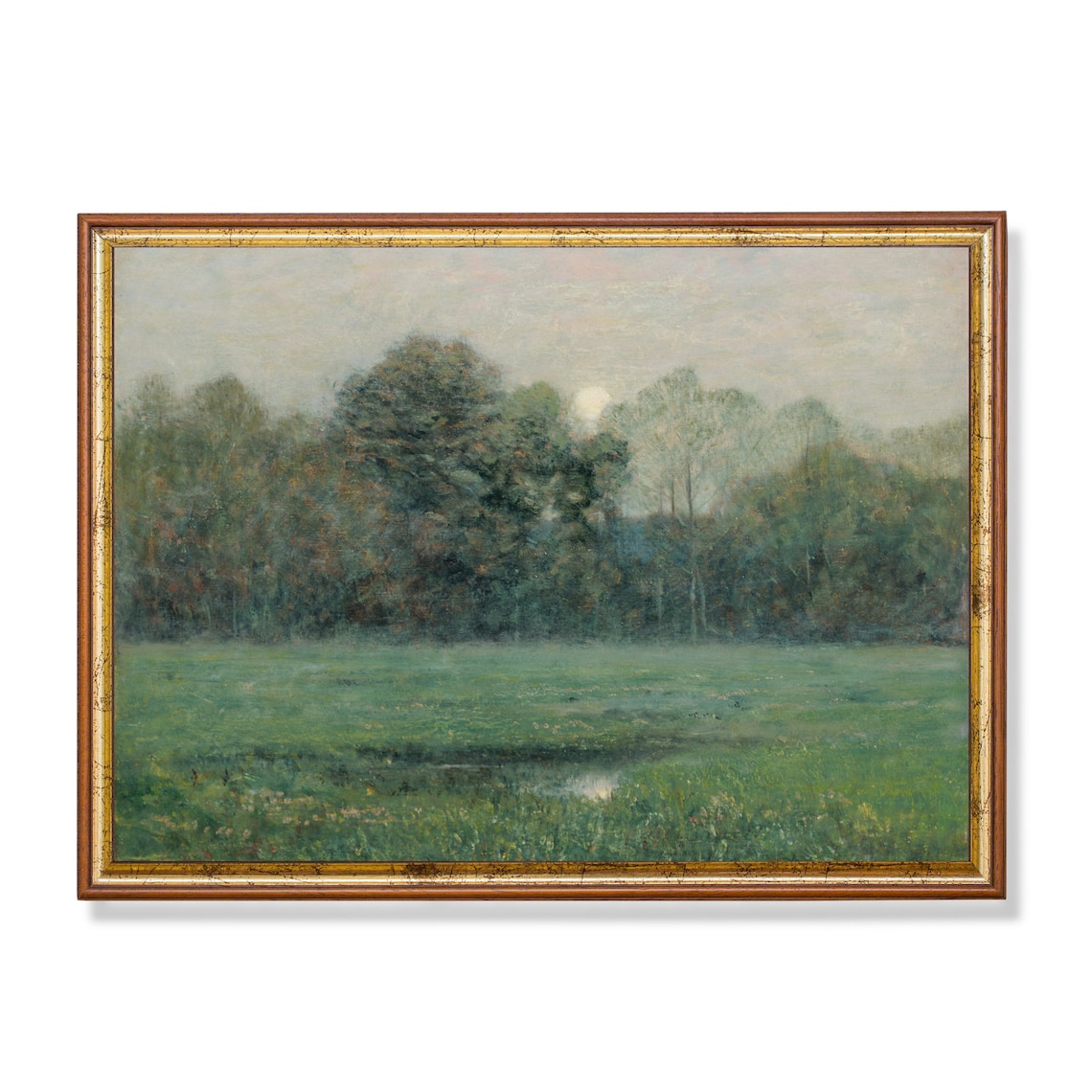 Misty Dawn Meadow Pond Treeline Soft Pastel Vintage Landscape Poster