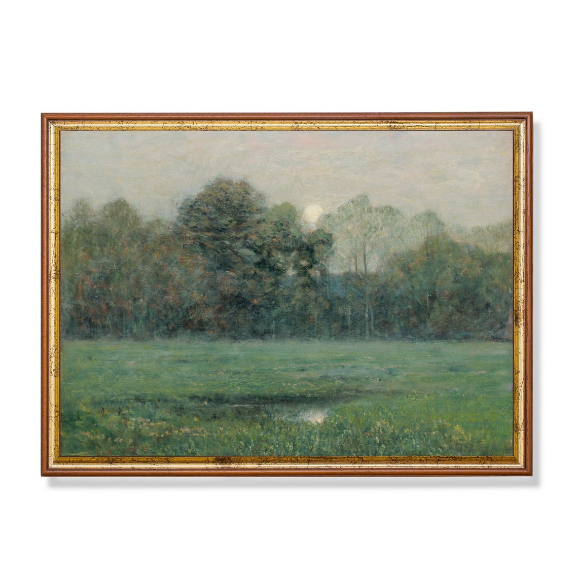 Moon Rising Over a Misty Green Meadow Vintage Landscape Poster