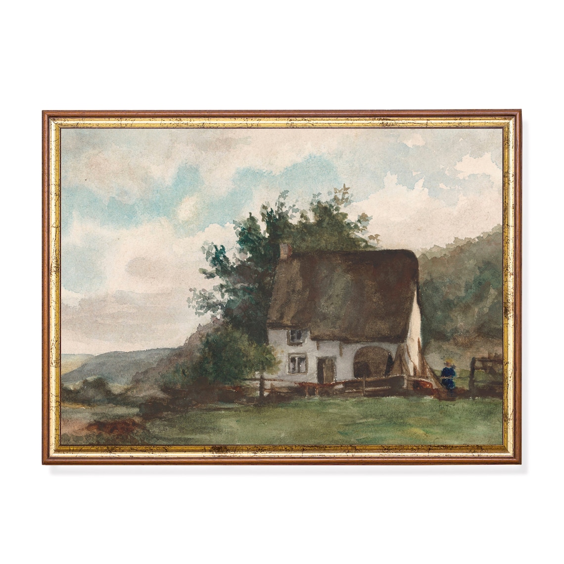 Vintage Landscape Art Print, Rustic Farmhouse Cottage