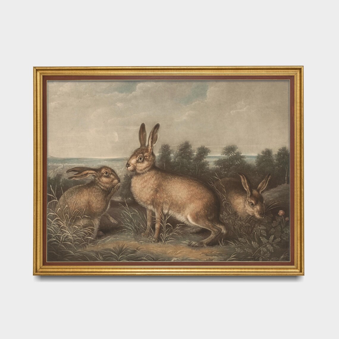 Three Hares Countryside Vintage Engraving Style Animal Art Poster - Image 5
