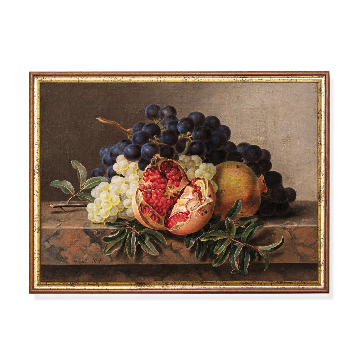 Pomegranate and Grapes Still Life on Marble by J.L. Jensen Poster