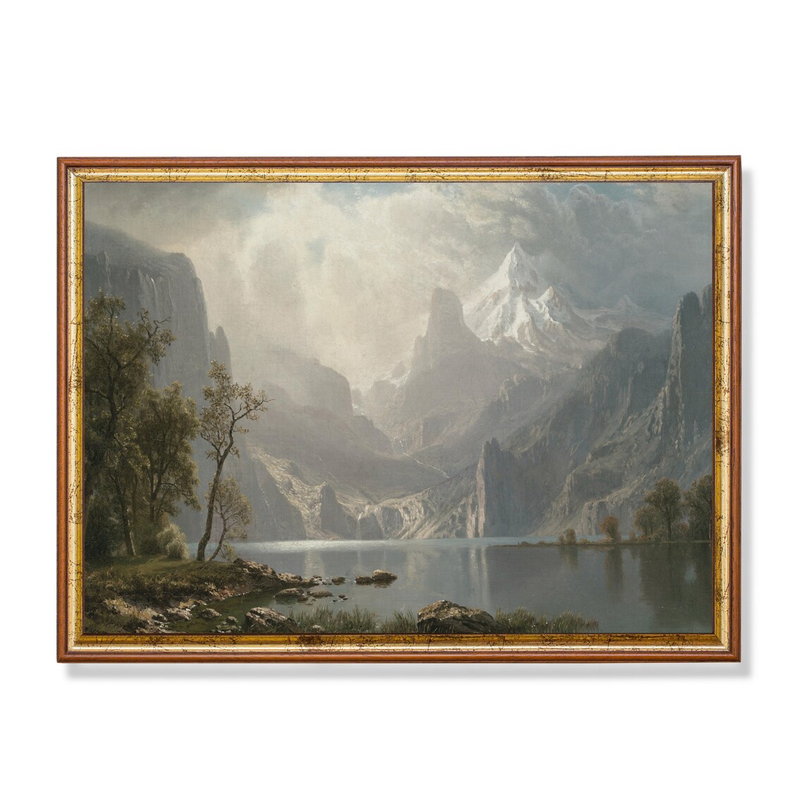 Misty Mountain Lake Painting Vintage Wilderness Landscape Wall Art