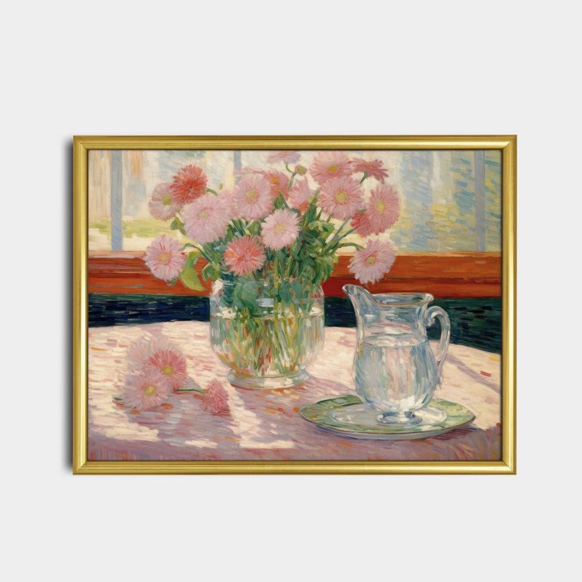 Pink Daisies In A Glass Vase Sunlit Kitchen Table Still Life Poster - Image 2