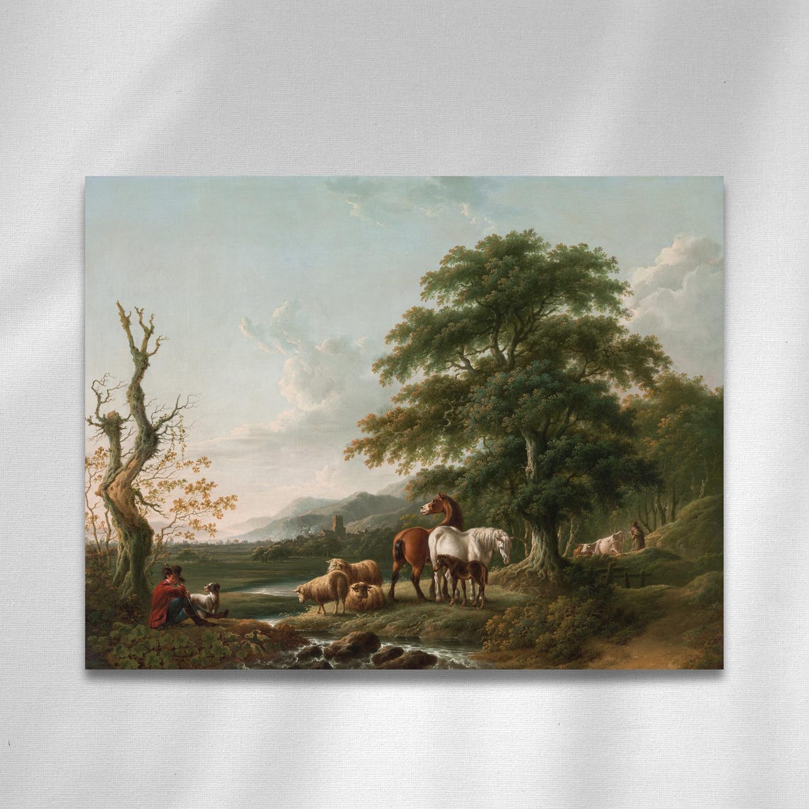 Shepherd with Horses Sheep and Dog by a Stream Pastoral Poster - Image 5