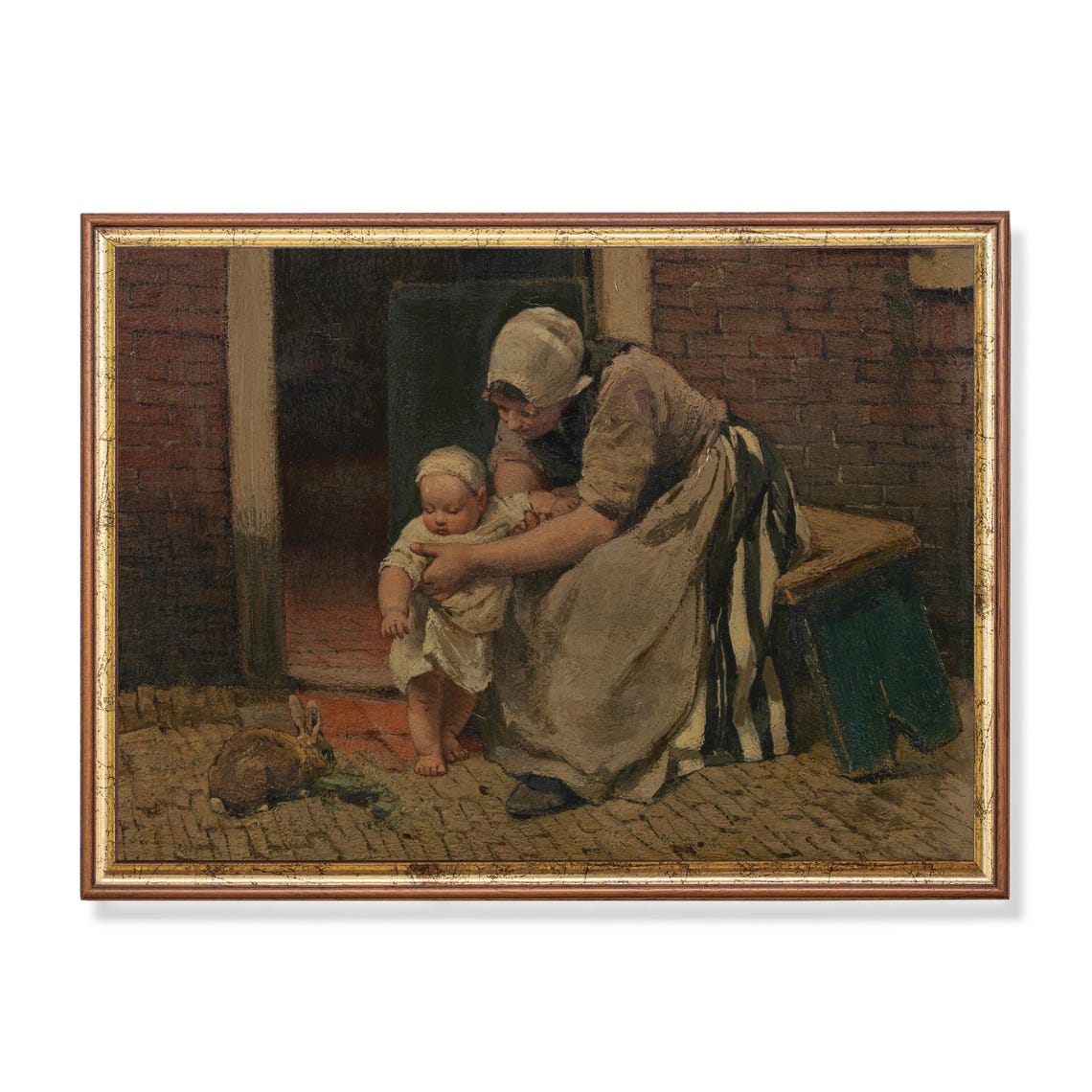 Mother Helping Toddler Walk with Rabbit Vintage Genre Poster