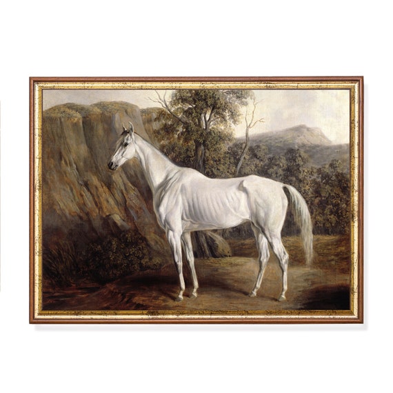 Mailed Print Vintage Horse Painting Antique White Horse Moody Rustic Equine Art Print And Ship Farmhouse Decor Fine Art