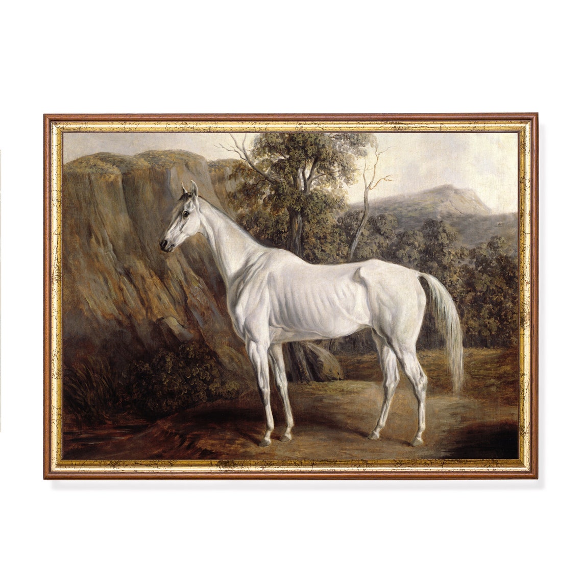 White Horse Before Rocky Cliffs Vintage Equine Landscape Oil Poster