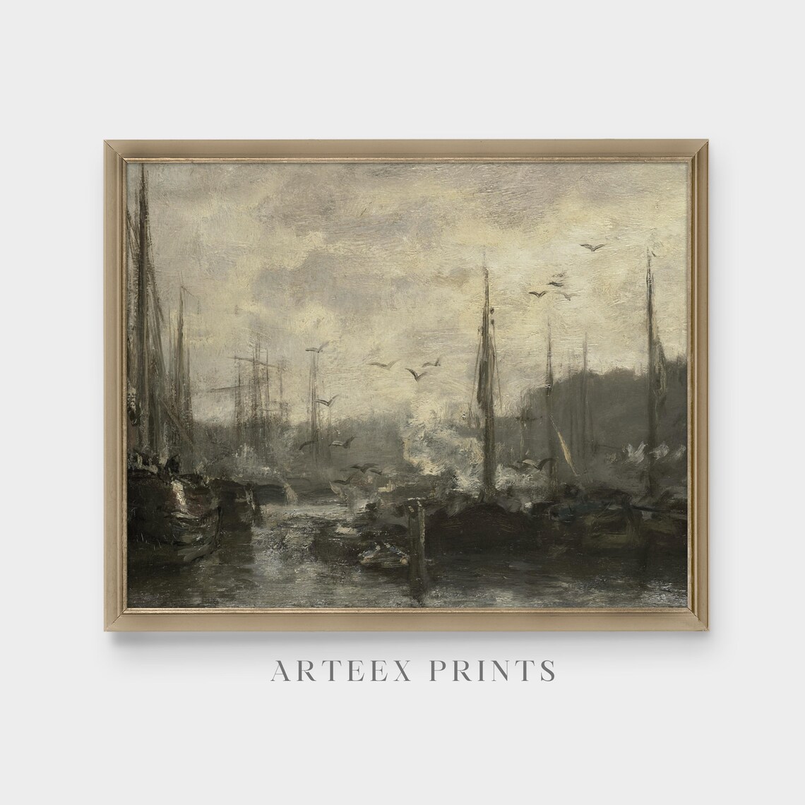 Misty Harbour with Moored Boats and Circling Gulls Marine Oil Print - Image 5