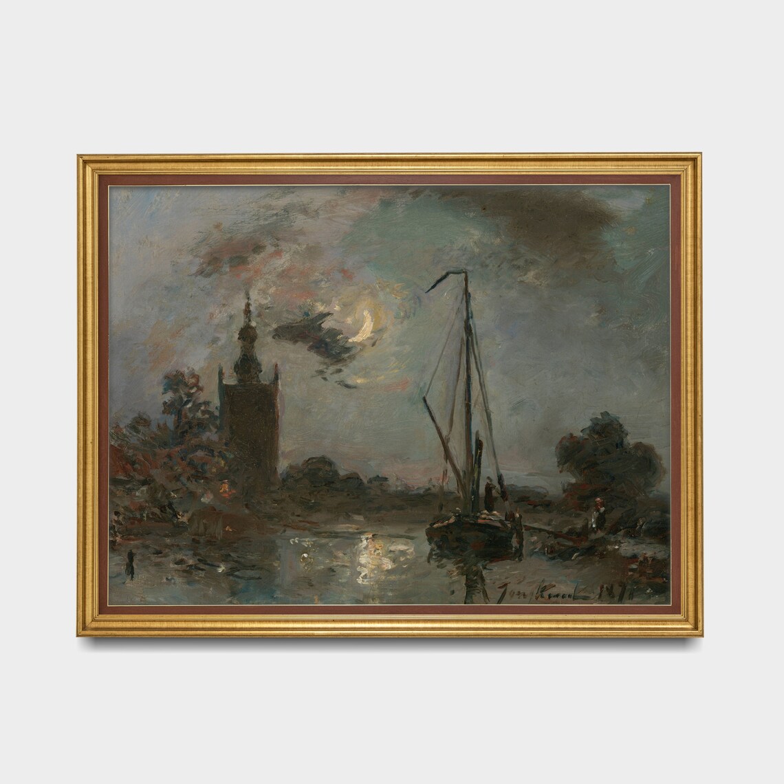 Moonlit Harbor with Crescent Moon Vintage Night Seascape Oil Poster - Image 5