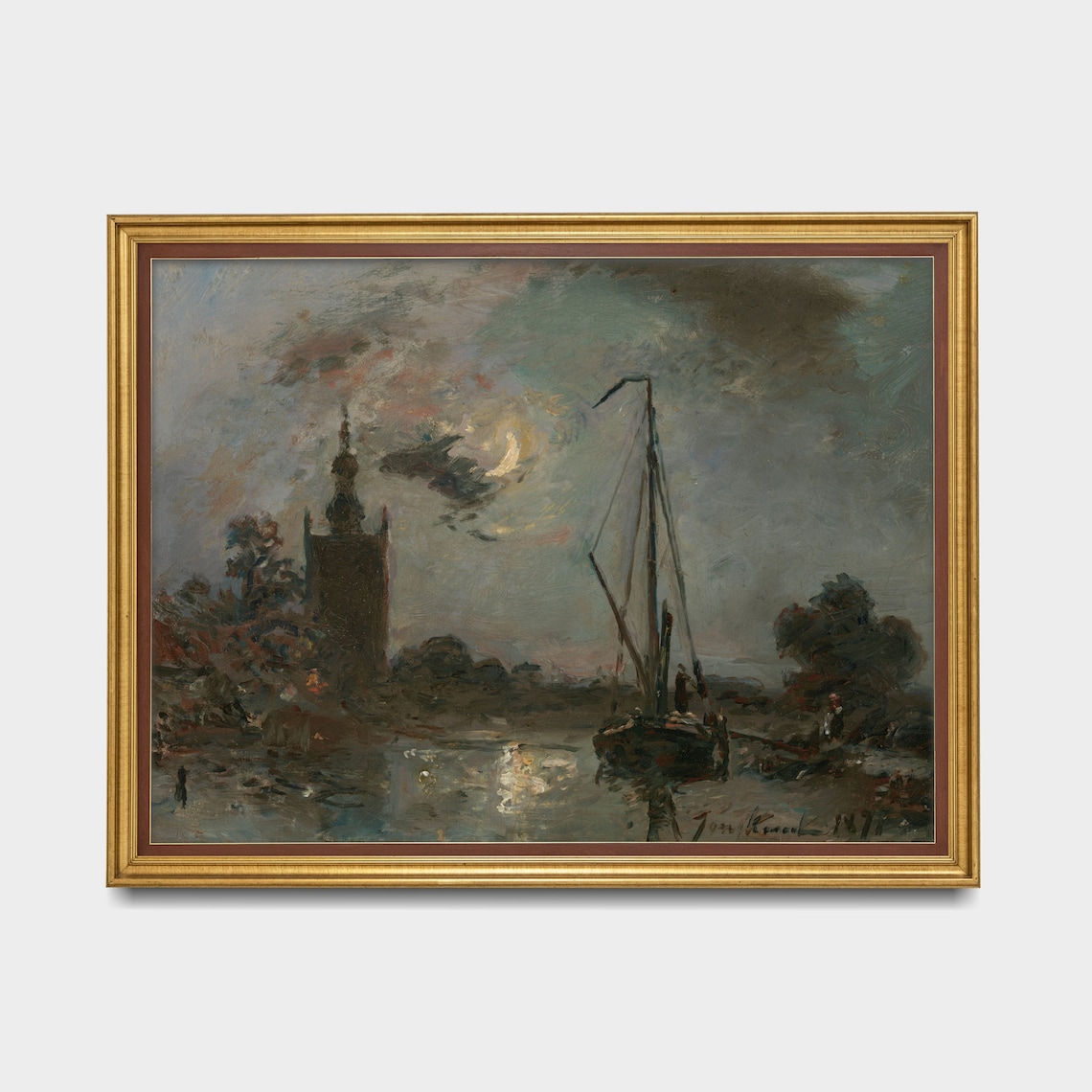 Moonlit Harbor with Sailboat and Church Tower Vintage Night Poster - Image 3