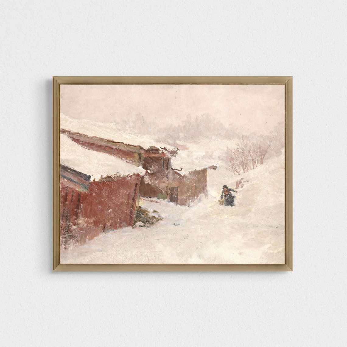 Figure Carrying Basket Through Deep Snow Red Farmhouse Winter Poster - Image 4