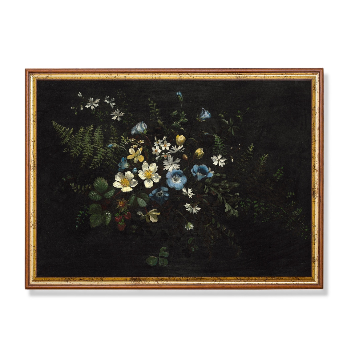 Wildflowers and Ferns on Black Vintage Still Life Painting Poster
