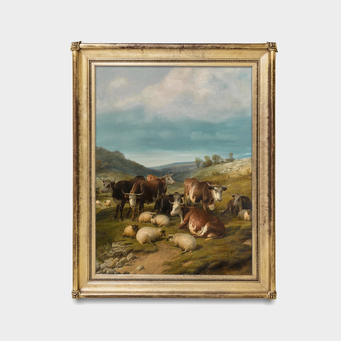 Herd of Cattle and Sheep Resting in a Rolling Green Pasture Poster - Image 4