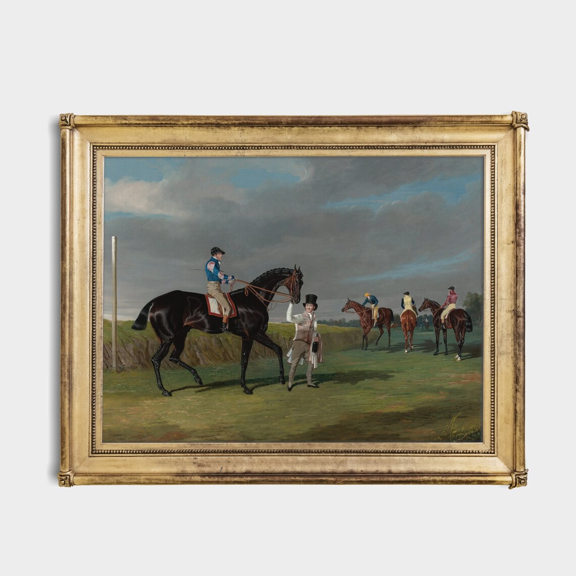 Jockey in Blue Silks on a Dark Racehorse Vintage Sporting Poster - Image 4