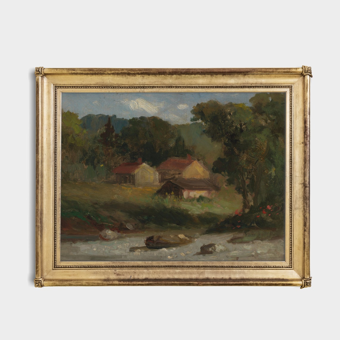 Stone Cottage Beside a Quiet River Rustic Country Art Poster - Image 2