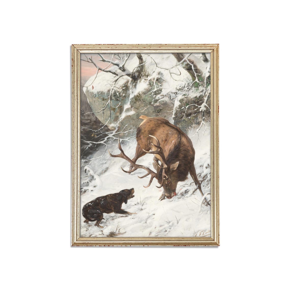Snowy Forest Stag and Hound Antique Winter Hunting Art Poster - Image 3