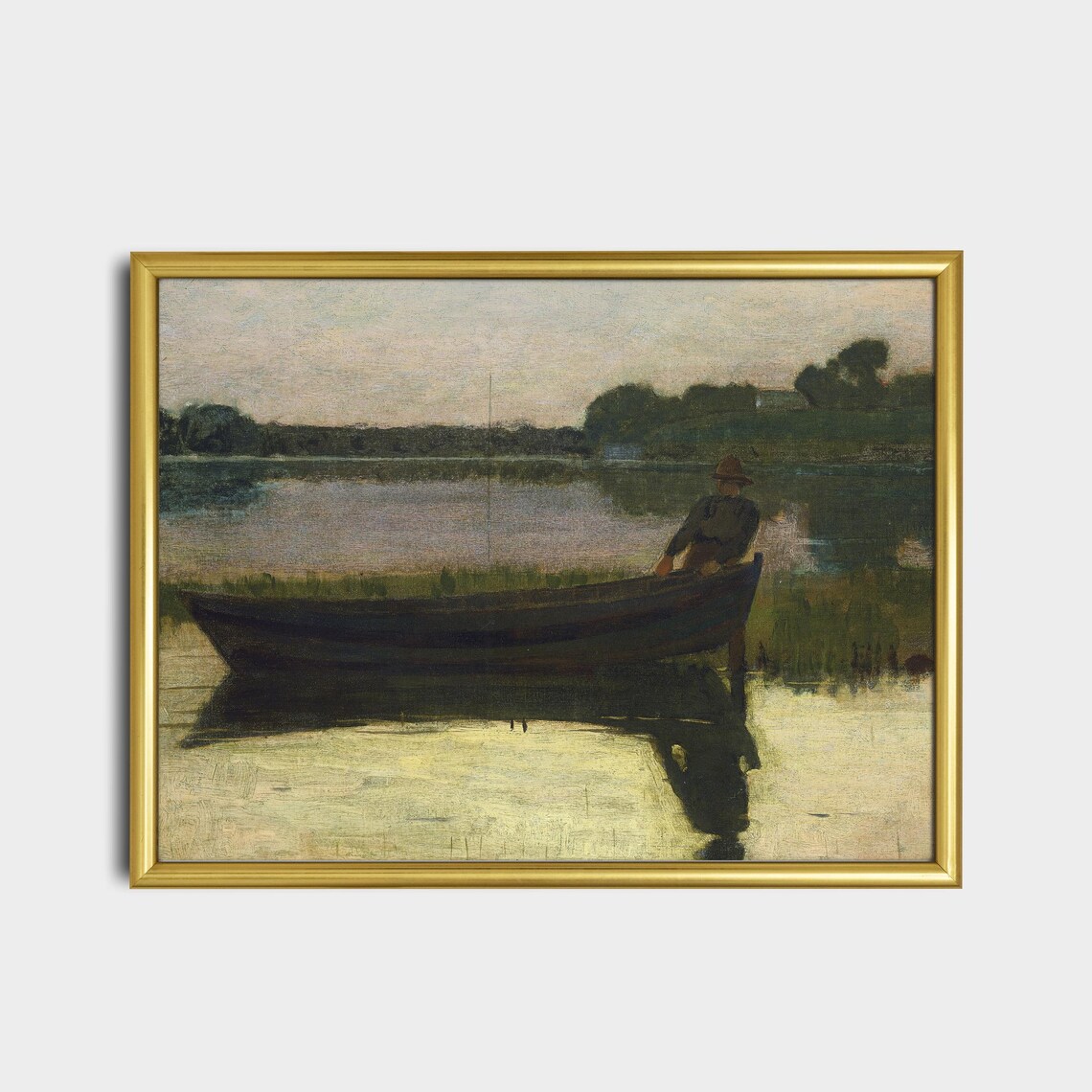 Lone Fisherman In A Rowboat On A Calm Lake Vintage Art Poster - Image 2