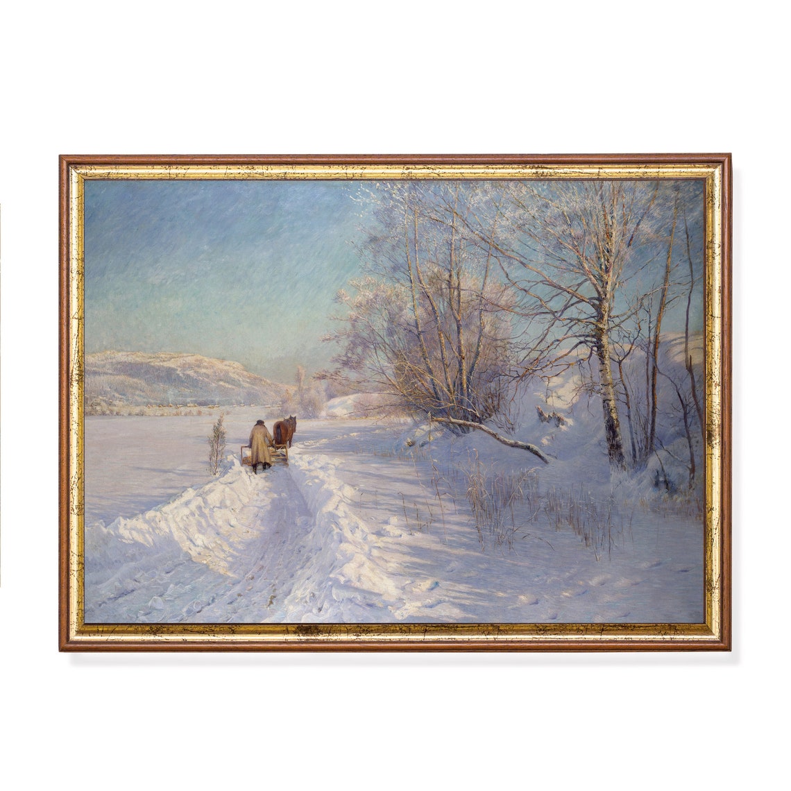 Snowy Winter Sleigh Ride Through a Birch Forest Painting Poster
