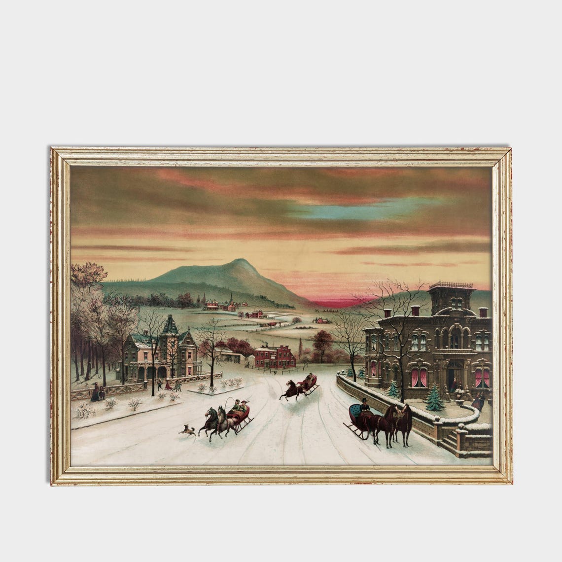 Sunset Winter Sleigh Ride Town Vintage Chromolithograph Poster - Image 3