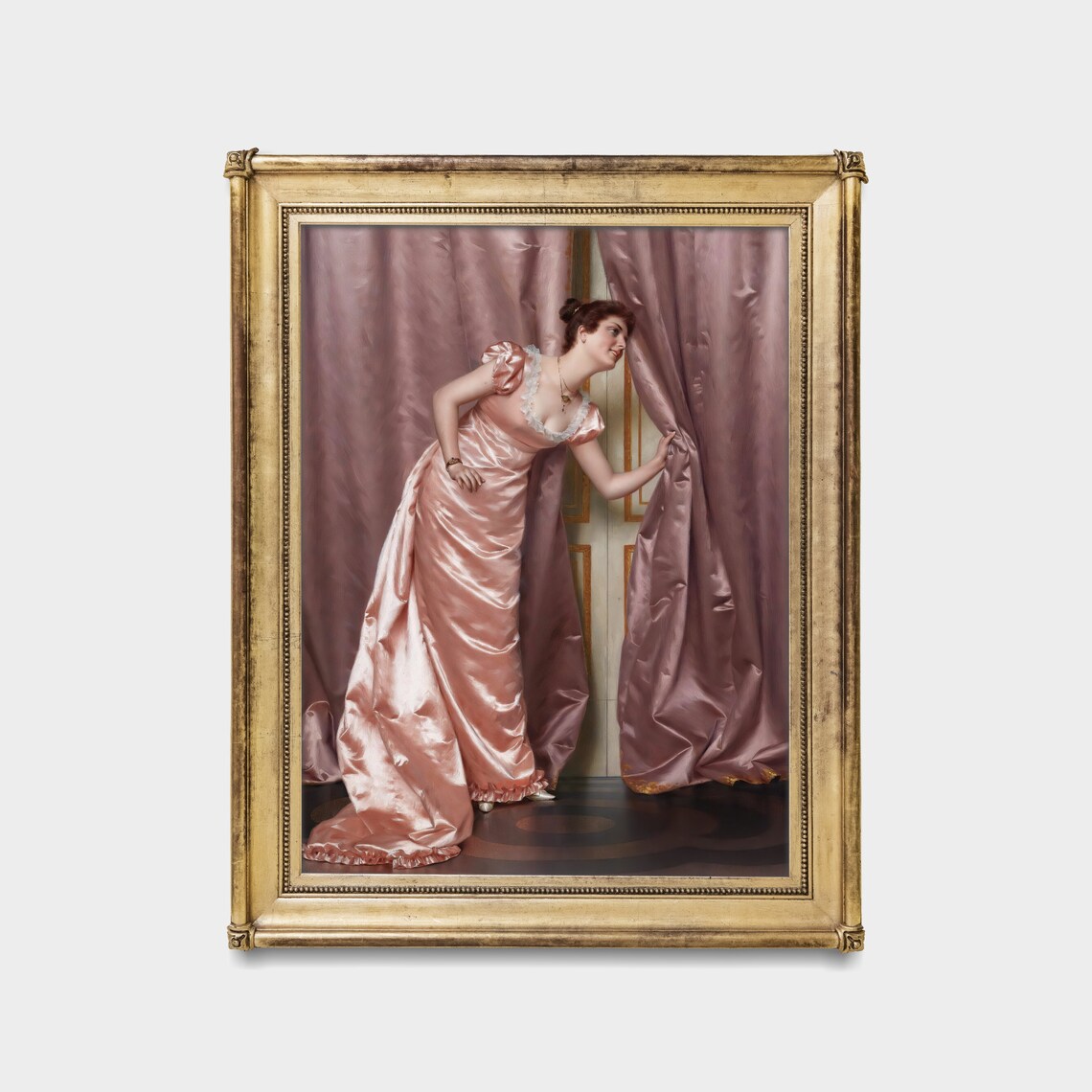 Elegant Woman in Pink Satin Gown Peeking Behind Curtains Poster - Image 3