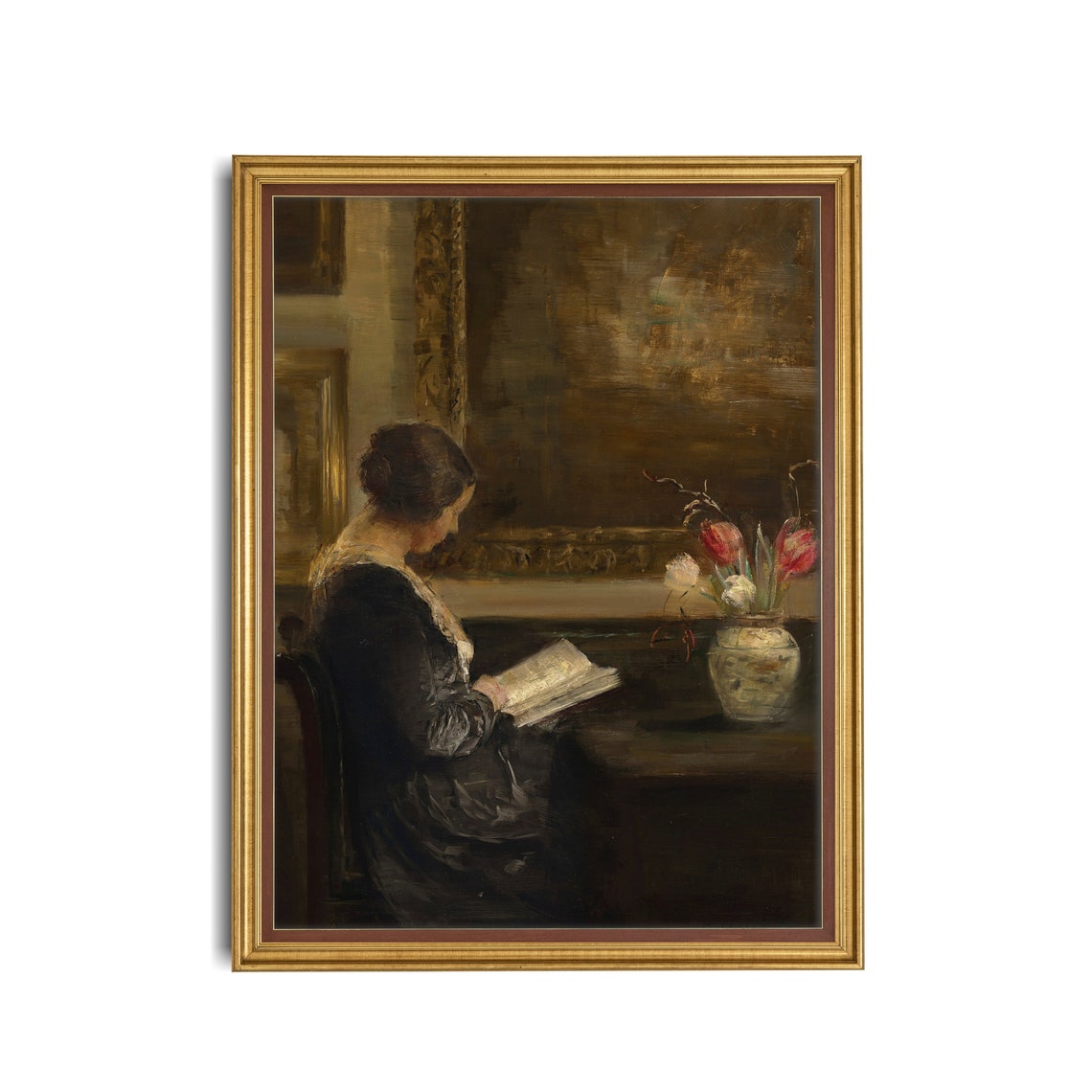 Woman Reading a Book at Her Desk Beside Tulips Vintage Interior Poster - Image 3