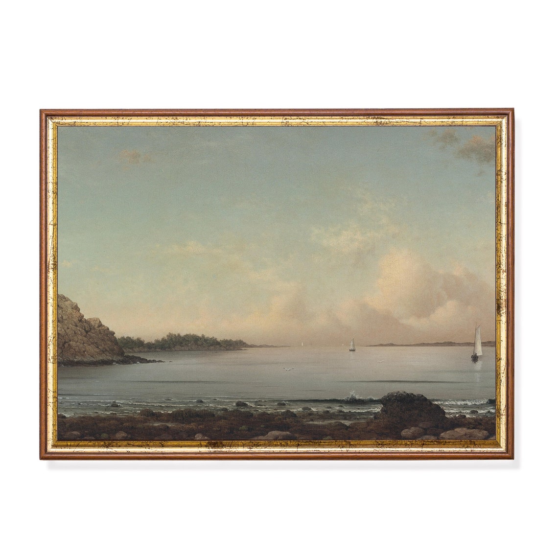Calm Rocky Coast Seascape With Distant Sailboats Vintage Poster