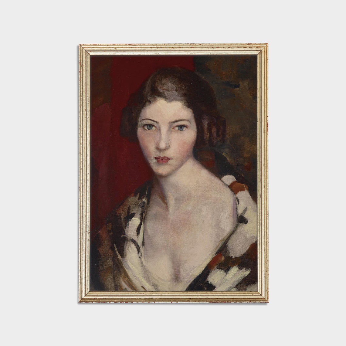 Vintage Young Woman Portrait Patterned Shawl Red Background Wall Art - Image 2