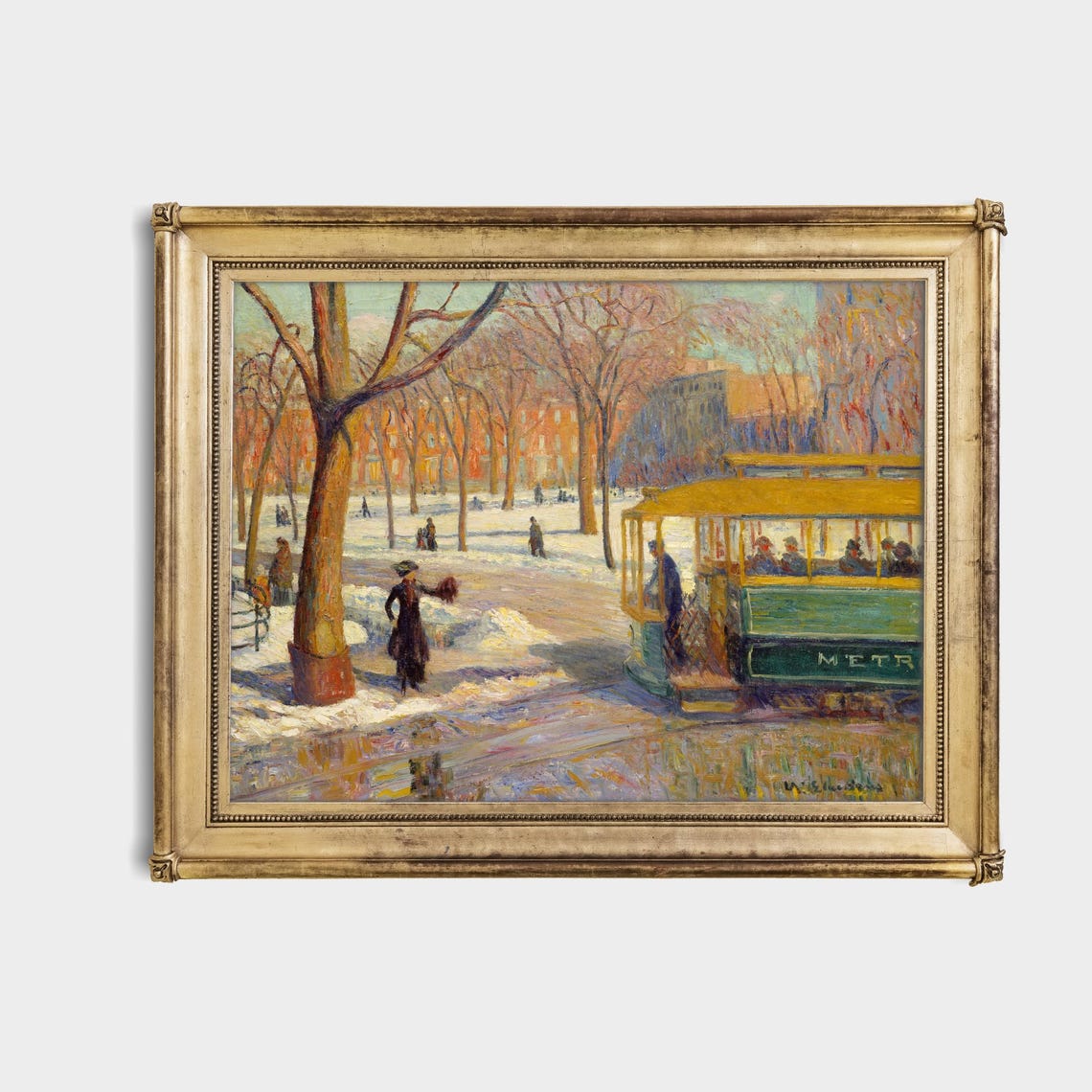 Green Tram in Snowy Park Vintage Streetcar Impressionist Poster - Image 4